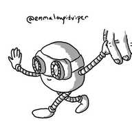 A spherical robot wearing a pair of nighr vision goggles, leading someone by the hand.