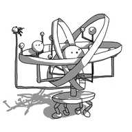 A series of spherical robots representing planets suspended within three angled rings, connected to a central, larger robot by right-angled stems. All the robots are mounted on a single base with four jointed legs. There are some smaller robots attached to the other robots to represent moons. A stem outside of the rings holds a tiny facsimile of Eldritchbot. The various robots are smiling at each other and one is asleep.