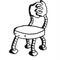 a robot shaped like a chair. the seat forms its body with its face on the front, smiling. it has four banded legs and its arms are attached at the rear and sticking upright so its large hands are clasped together to form the backrest.