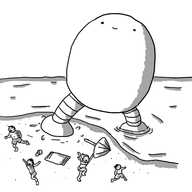 An enormous, egg-shaped robot with no arms and a happy, gormless expression on its face, wading from the sea onto a beach, sending a family of holidaymakers running in terror as it stomps into their camp, scattering a parasol and a bucket.