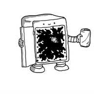 A little fridge with short legs and arms and a face above the door. It's opening itself with one hand, revealing a yawning abyss surrounded by crackling energy, with a galaxy faintly visible in the distance. The other hand is offering a can.