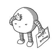 A spherical robot with its eyes shut in frustration as it presses a hand against its forehead. In its other hand it holds a sign reading "PARSEC = DISTANCE".