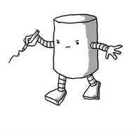 A grumpy-looking cylindrical robot using a pencil to write a signature.