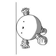 A spherical robot with banded arms and legs, positioned sideways with its top just touching a vertical line. It seems quite happy about it.