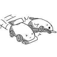 Two robots, styled like rounded, simplified open-wheel racing cars. Each has a front wing and a spoiler at their rear. One is zooming forward with a determined expression on its face, while bumping the other out of its path. The bumped robot is in mid-air and had a look of appalled indignation.