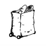 a smiley robot taking the form of a large, reusable shopping bag filled with groceries. runs along on four little wheels.