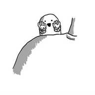 A rounded robot looking over someone's shoulder with its hands held to its open mouth.