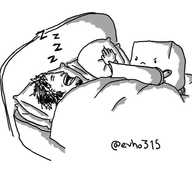 A robot shaped like a cube with a curved back propelled by small tracks and with a curved bulldozer blade on the front is pushing against someone sleeping on their back with their mouth wide open and 'Z's coming out. Next to them in the bed is another person muffling their ears with a pillow. The robot looks quite angry.