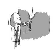 A round-topped robot with thin, banded arms holding onto to a partially fastened zip on the rear of a dark-coloured dress. It's zooming up on extendable legs, taking the zip with it as it goes, tongue sticking out in concentration.