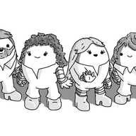 Four ovoid robots with banded arms and legs that resemble the four members of the band ABBA. They have their iconic 70s haircuts, wear various lengths of white jumpsuits and all have shiny platform shoes on.