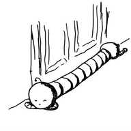 a robot consisting of a spherical front section with a little sleeping face and a drooping antenna, resting peacefully on its folded arms, connected to a long, banded body with another spherical section at the end that has little splayed legs attached. the robot is lying in front of a door, like a draft excluder