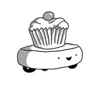 A robot shaped like a fat, slightly round-edged disc, with three little wheels on the bottom set in a triangle. It has a cupcake with a cherry on top set on its flat upper surface, and a very happy expression on its face, which is on one of its edges.