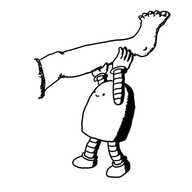 A rounded robot lifting someone's leg up over its head.