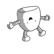 A round-topped robot with banded arms and legs, except its body (and cheerful face) is upside-down.