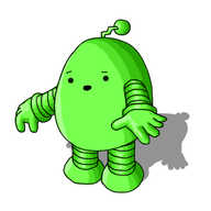 A rounded robot with banded arms and legs and a zigzag antenna, coloured entirely green. It's holding out its arms and looking down at itself a little quizzically.