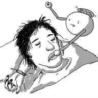A person lying in bed, still fully-clothed with a tousled head of hair and partial make-up on, drooling slightly from parted lips. A spherical robot held aloft by a propeller on its top hovers beside them, face showing intense concentration, using jointed arms tipped with cotton-wool pads to sponge away lipstick and mascara.