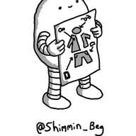 A rounded robot holding up a diagram showing an outline of a person's clothes with arrows pointing from various objects -a phone, a wallet, a key, glasses - to where they're being kept.