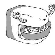 A robot that looks like an electric mixer with its face on the front of the overhanging section. Instead of a set of whisks, it has multiple banded arms that are physically kneading a bowl full of dough. It also has two extra arms on its sides, one of which is holding two halves of a broken eggshell.