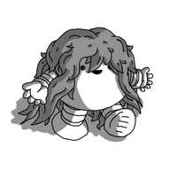 A spherical robot with banded arms and legs and a large mop of tangled hair on its top that hangs down over its eyes. It looks pretty happy though.