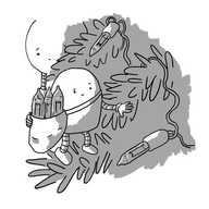 A round-topped robot with banded arms and legs perches in the branches of a Christmas tree, inspecting a dark fairy light bulb on a wire. It has a bag over one shoulder with three spare bulbs poking out of the top. In the background, a Baublebot looks on, concerned.