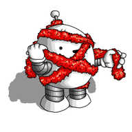 A spherical robot with banded arms and legs and an antenna, with red tinsel looped around it several times. It's peering out from between the garlands, smiling happily.